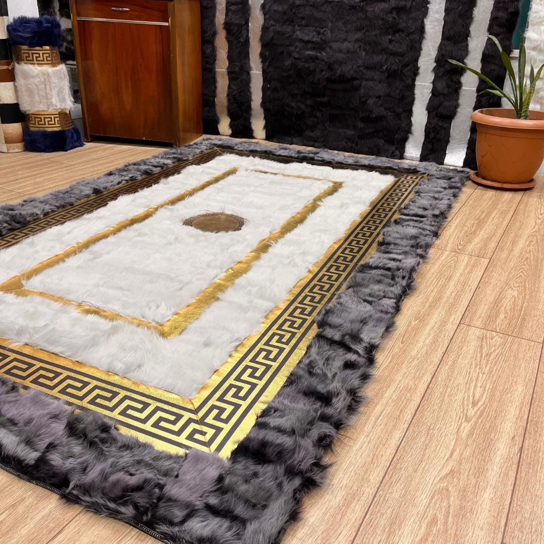 Handmade Gray - Gold Sheepskin Patchwork Rug: Wool Leather Area Rug - BuzzLeatherCarpetHandmade Gray - Gold Sheepskin Patchwork Rug: Wool Leather Area Rug