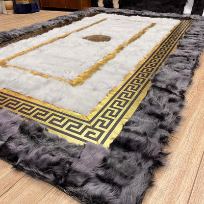 Handmade Gray - Gold Sheepskin Patchwork Rug: Wool Leather Area Rug - BuzzLeatherCarpetHandmade Gray - Gold Sheepskin Patchwork Rug: Wool Leather Area Rug
