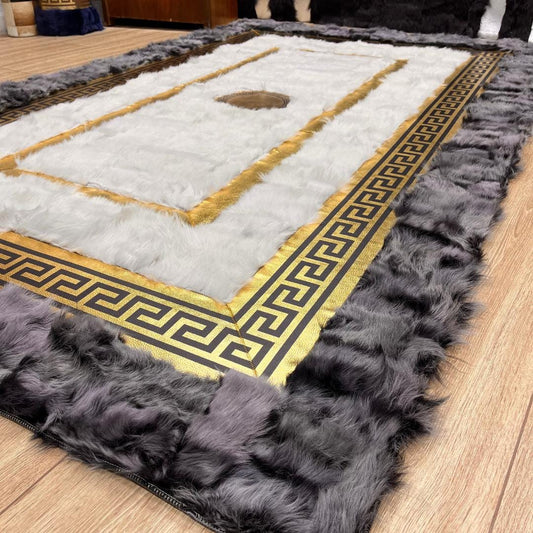 Handmade Gray - Gold Sheepskin Patchwork Rug: Wool Leather Area Rug - BuzzLeatherCarpetHandmade Gray - Gold Sheepskin Patchwork Rug: Wool Leather Area Rug