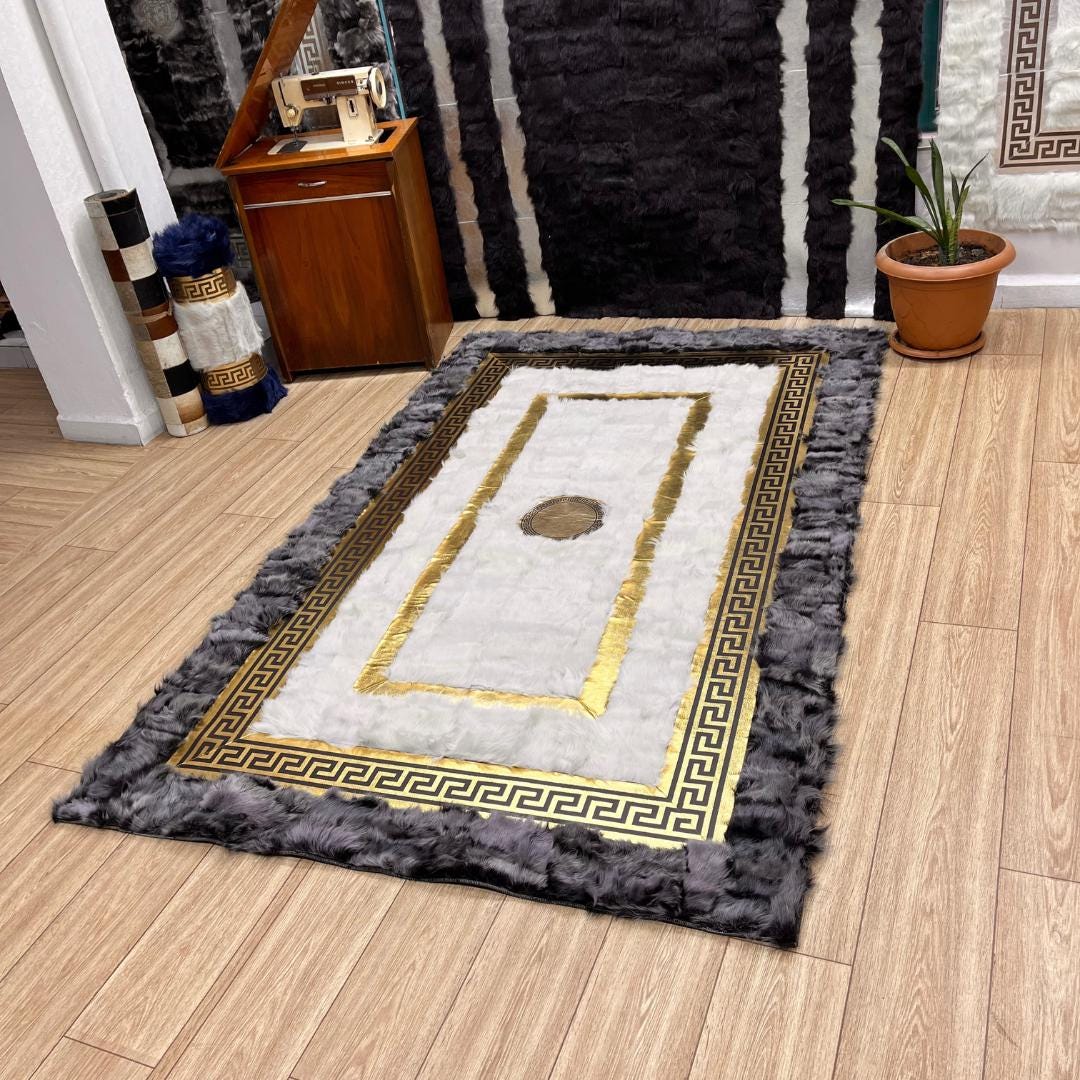 Handmade Gray - Gold Sheepskin Patchwork Rug: Wool Leather Area Rug - BuzzLeatherCarpetHandmade Gray - Gold Sheepskin Patchwork Rug: Wool Leather Area Rug