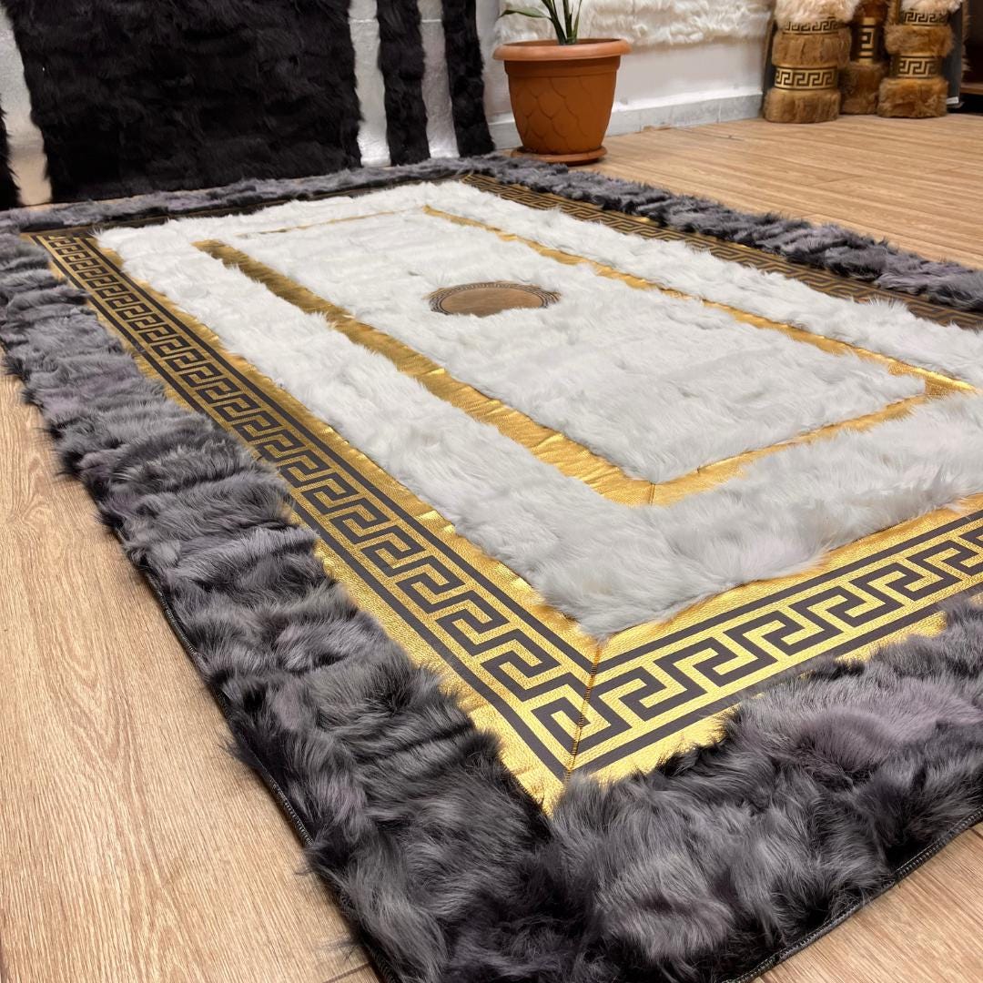 Handmade Gray - Gold Sheepskin Patchwork Rug: Wool Leather Area Rug - BuzzLeatherCarpetHandmade Gray - Gold Sheepskin Patchwork Rug: Wool Leather Area Rug