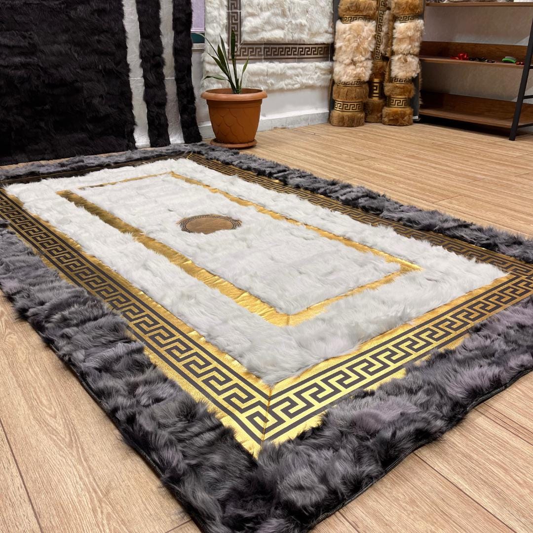 Handmade Gray - Gold Sheepskin Patchwork Rug: Wool Leather Area Rug - BuzzLeatherCarpetHandmade Gray - Gold Sheepskin Patchwork Rug: Wool Leather Area Rug