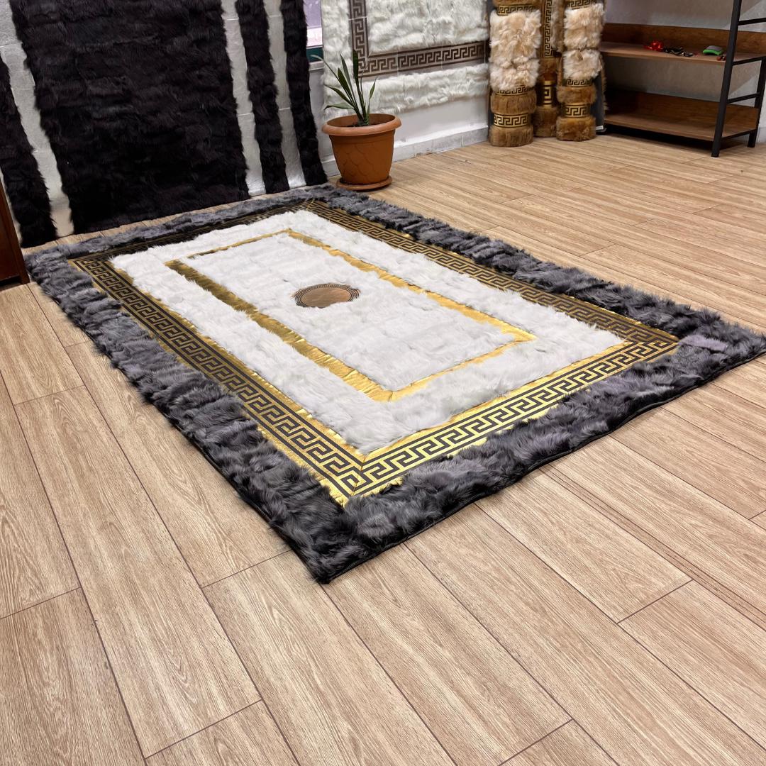 Handmade Gray - Gold Sheepskin Patchwork Rug: Wool Leather Area Rug - BuzzLeatherCarpetHandmade Gray - Gold Sheepskin Patchwork Rug: Wool Leather Area Rug