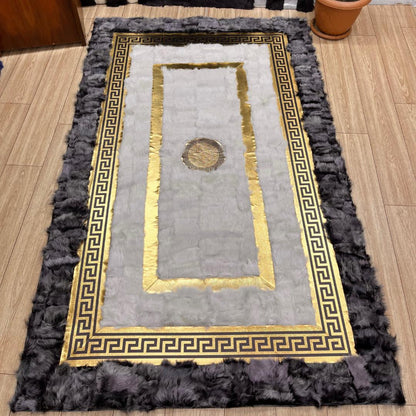 Handmade Gray - Gold Sheepskin Patchwork Rug: Wool Leather Area Rug - BuzzLeatherCarpetHandmade Gray - Gold Sheepskin Patchwork Rug: Wool Leather Area Rug