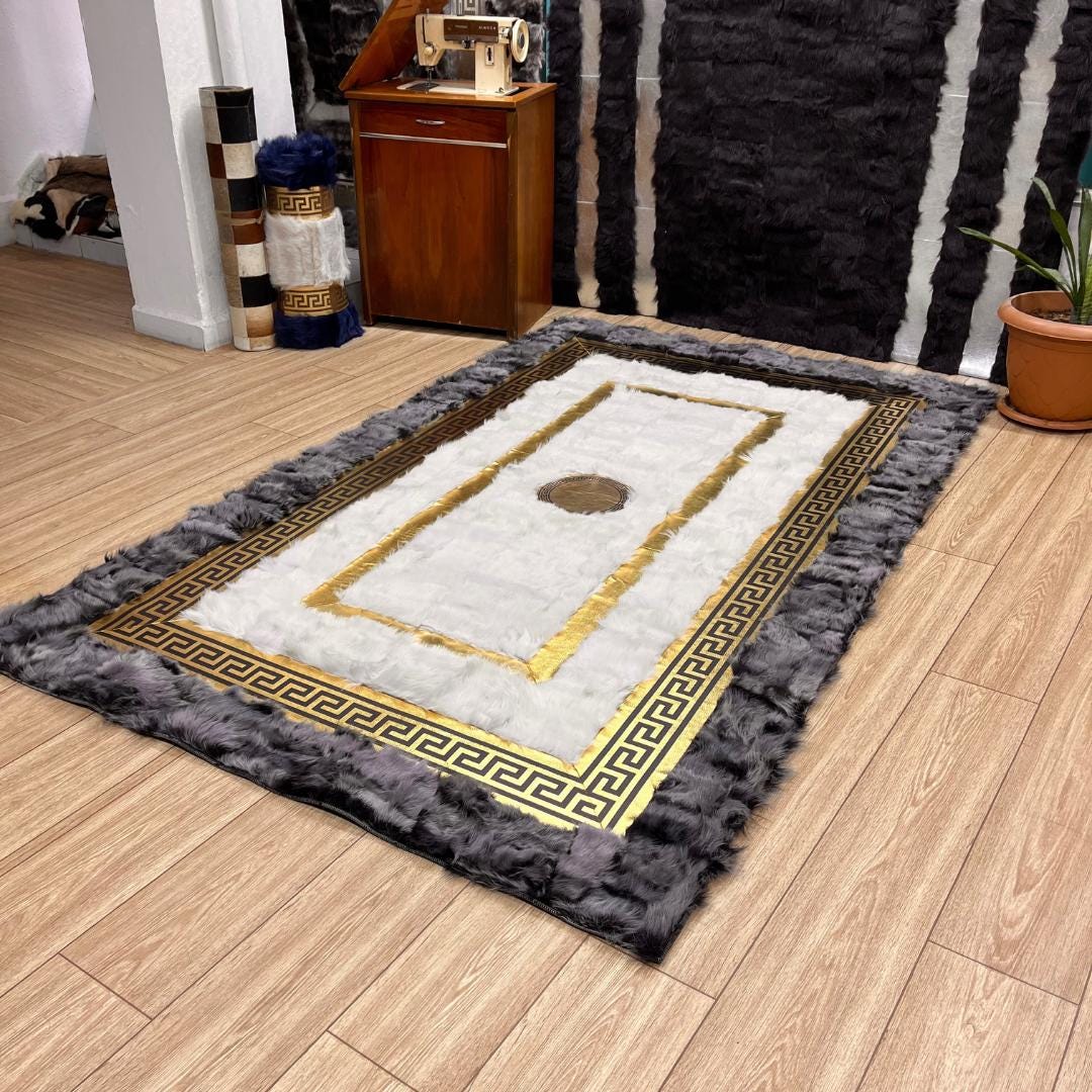 Handmade Gray - Gold Sheepskin Patchwork Rug: Wool Leather Area Rug - BuzzLeatherCarpetHandmade Gray - Gold Sheepskin Patchwork Rug: Wool Leather Area Rug