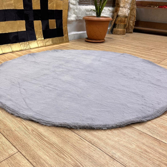 Handmade Gray Plush Faux Leather Round Rug - 4&39; Diameter - BuzzLeatherCarpetHandmade Gray Plush Faux Leather Round Rug - 4&39; Diameter