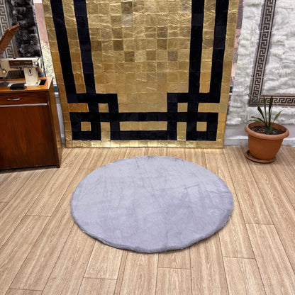 Handmade Gray Plush Faux Leather Round Rug - 4&39; Diameter - BuzzLeatherCarpetHandmade Gray Plush Faux Leather Round Rug - 4&39; Diameter