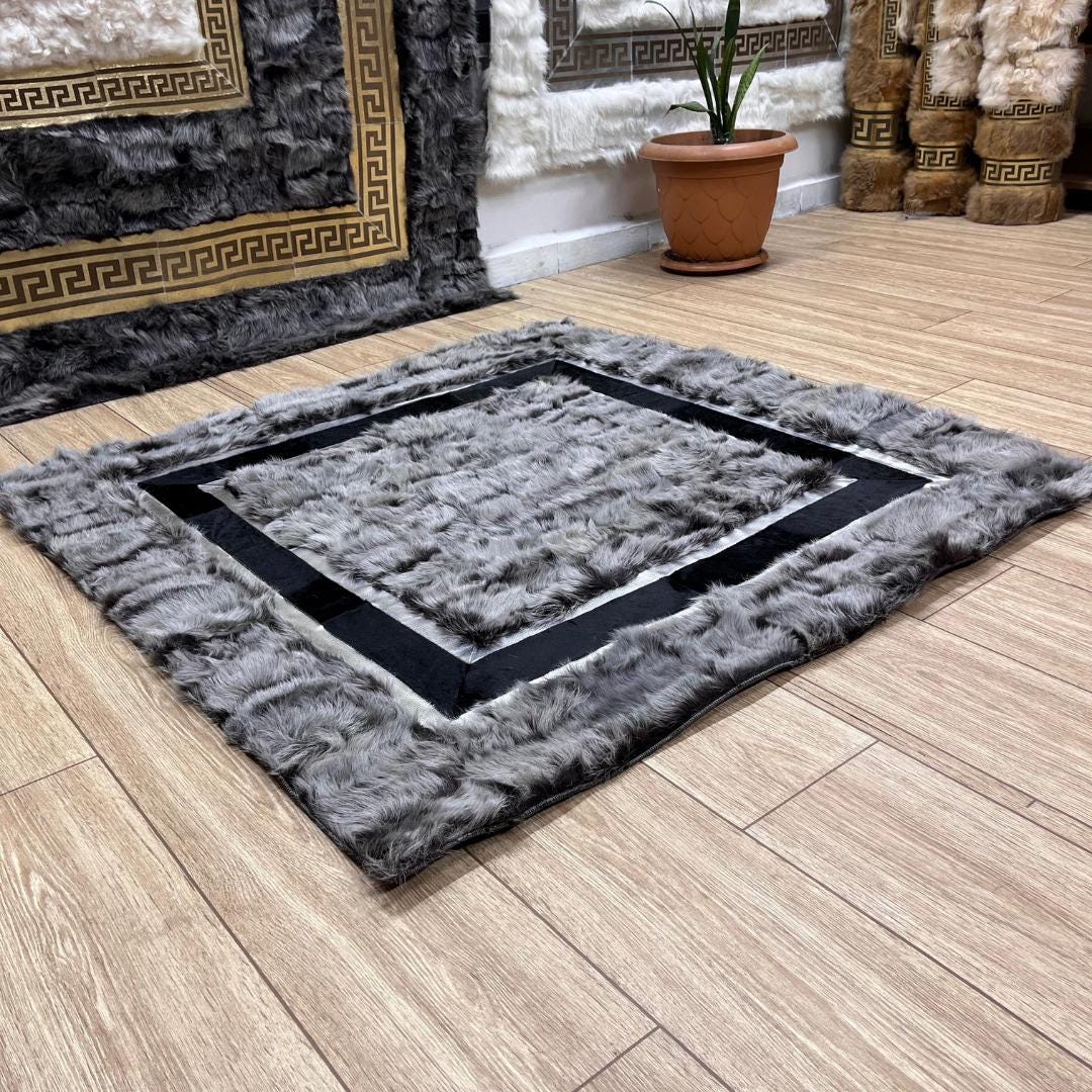 Handmade Gray Sheepskin Patchwork Rug: Fluffy Wool Area Rug - BuzzLeatherCarpetHandmade Gray Sheepskin Patchwork Rug: Fluffy Wool Area Rug