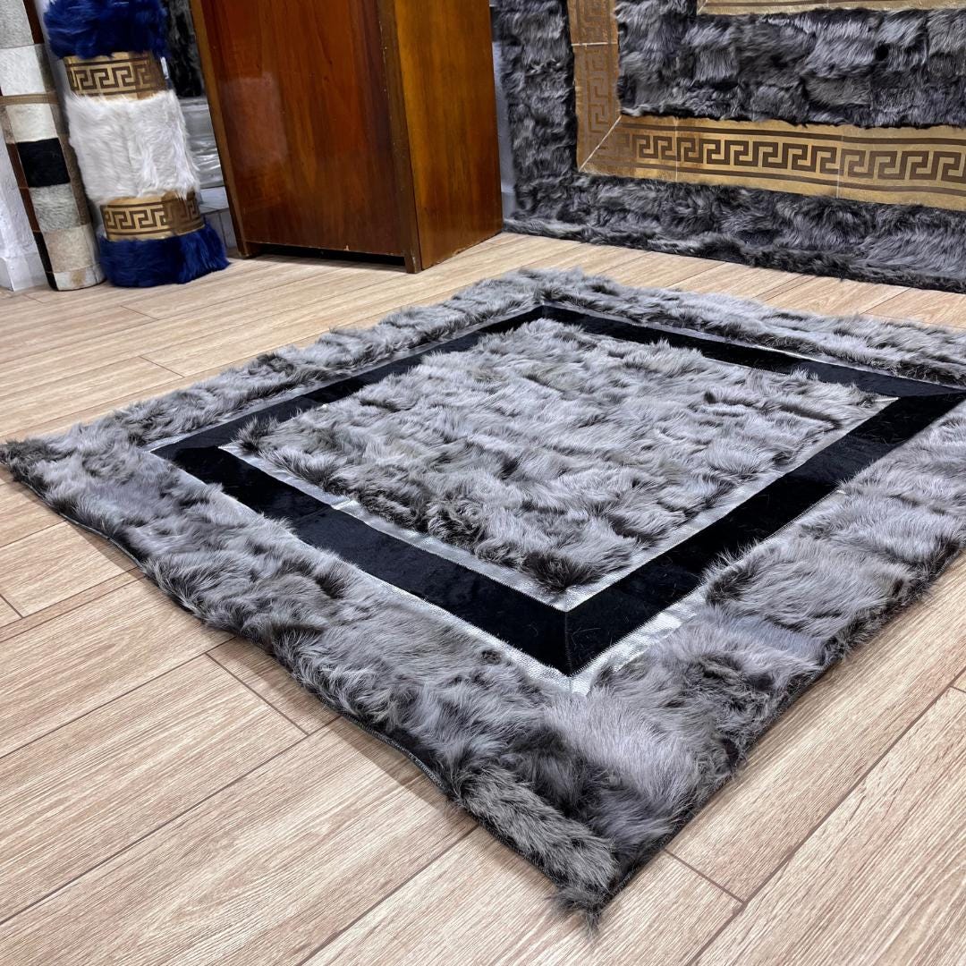 Handmade Gray Sheepskin Patchwork Rug: Fluffy Wool Area Rug - BuzzLeatherCarpetHandmade Gray Sheepskin Patchwork Rug: Fluffy Wool Area Rug