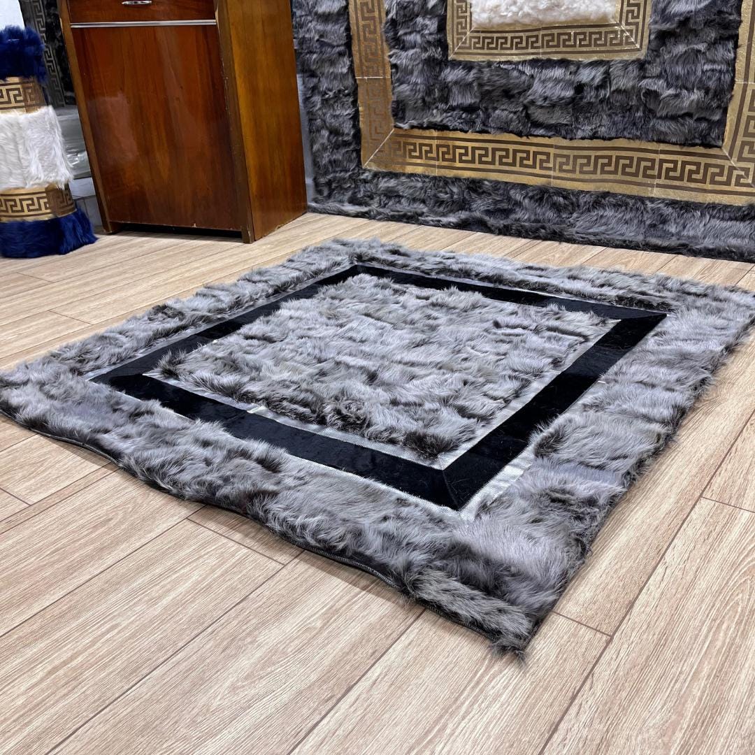 Handmade Gray Sheepskin Patchwork Rug: Fluffy Wool Area Rug - BuzzLeatherCarpetHandmade Gray Sheepskin Patchwork Rug: Fluffy Wool Area Rug