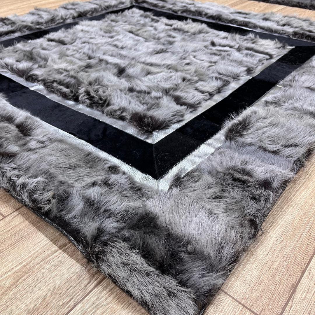 Handmade Gray Sheepskin Patchwork Rug: Fluffy Wool Area Rug - BuzzLeatherCarpetHandmade Gray Sheepskin Patchwork Rug: Fluffy Wool Area Rug