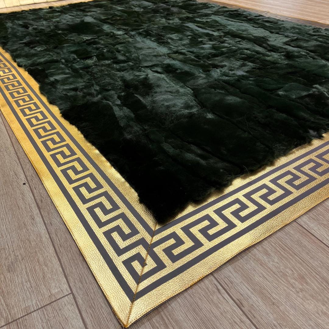 Handmade Green Rabbit Fur Rug: Plush Non - Slip Leather Area Rug - BuzzLeatherCarpetHandmade Green Rabbit Fur Rug: Plush Non - Slip Leather Area Rug