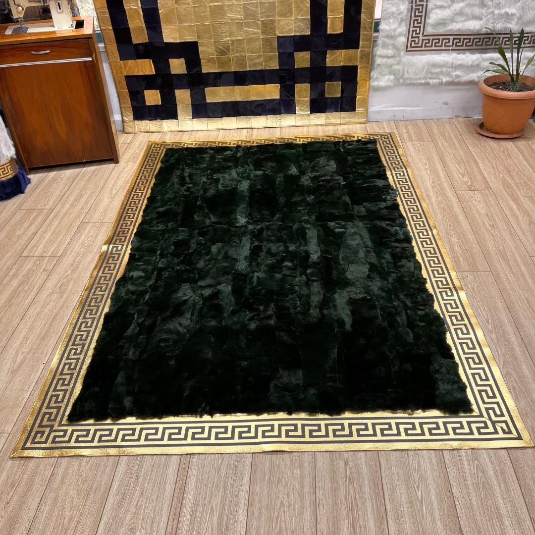 Handmade Green Rabbit Fur Rug: Plush Non - Slip Leather Area Rug - BuzzLeatherCarpetHandmade Green Rabbit Fur Rug: Plush Non - Slip Leather Area Rug