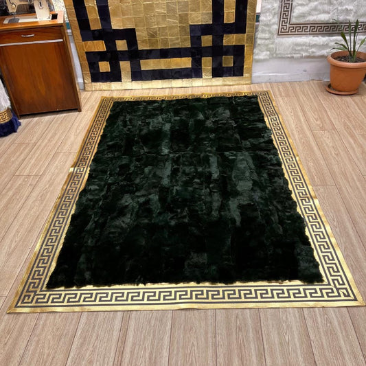 Handmade Green Rabbit Fur Rug: Plush Non - Slip Leather Area Rug - BuzzLeatherCarpetHandmade Green Rabbit Fur Rug: Plush Non - Slip Leather Area Rug