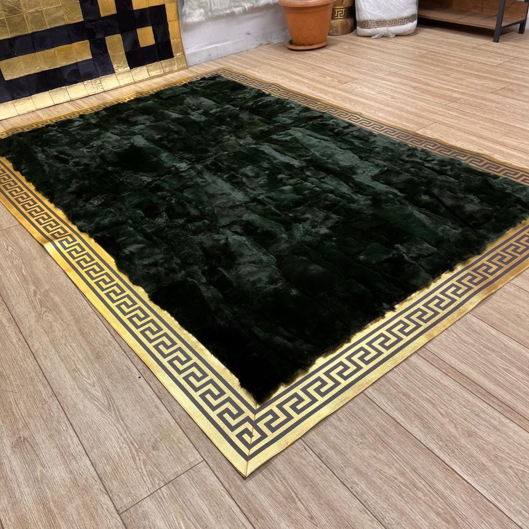 Handmade Green Rabbit Fur Rug: Plush Non - Slip Leather Area Rug - BuzzLeatherCarpetHandmade Green Rabbit Fur Rug: Plush Non - Slip Leather Area Rug