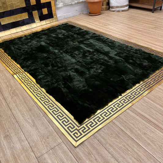 Handmade Green Rabbit Fur Rug: Plush Non - Slip Leather Area Rug - BuzzLeatherCarpetHandmade Green Rabbit Fur Rug: Plush Non - Slip Leather Area Rug