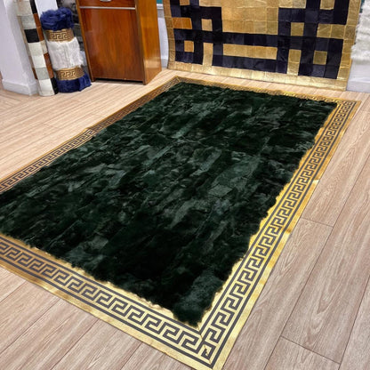 Handmade Green Rabbit Fur Rug: Plush Non - Slip Leather Area Rug - BuzzLeatherCarpetHandmade Green Rabbit Fur Rug: Plush Non - Slip Leather Area Rug