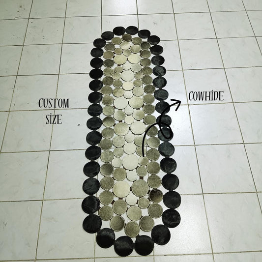 Handmade Patchwork Cowhide Rug: Brown - Cream Hallway or Bedroom Decor - BuzzLeatherCarpetHandmade Patchwork Cowhide Rug: Brown - Cream Hallway or Bedroom Decor