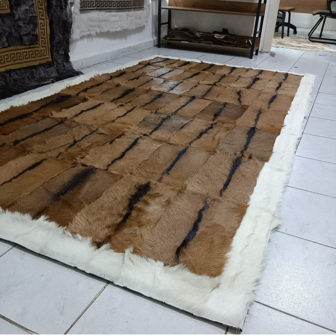 Handmade Patchwork Goatskin Rug: Genuine Fur Area Rug - BuzzLeatherCarpetHandmade Patchwork Goatskin Rug: Genuine Fur Area Rug