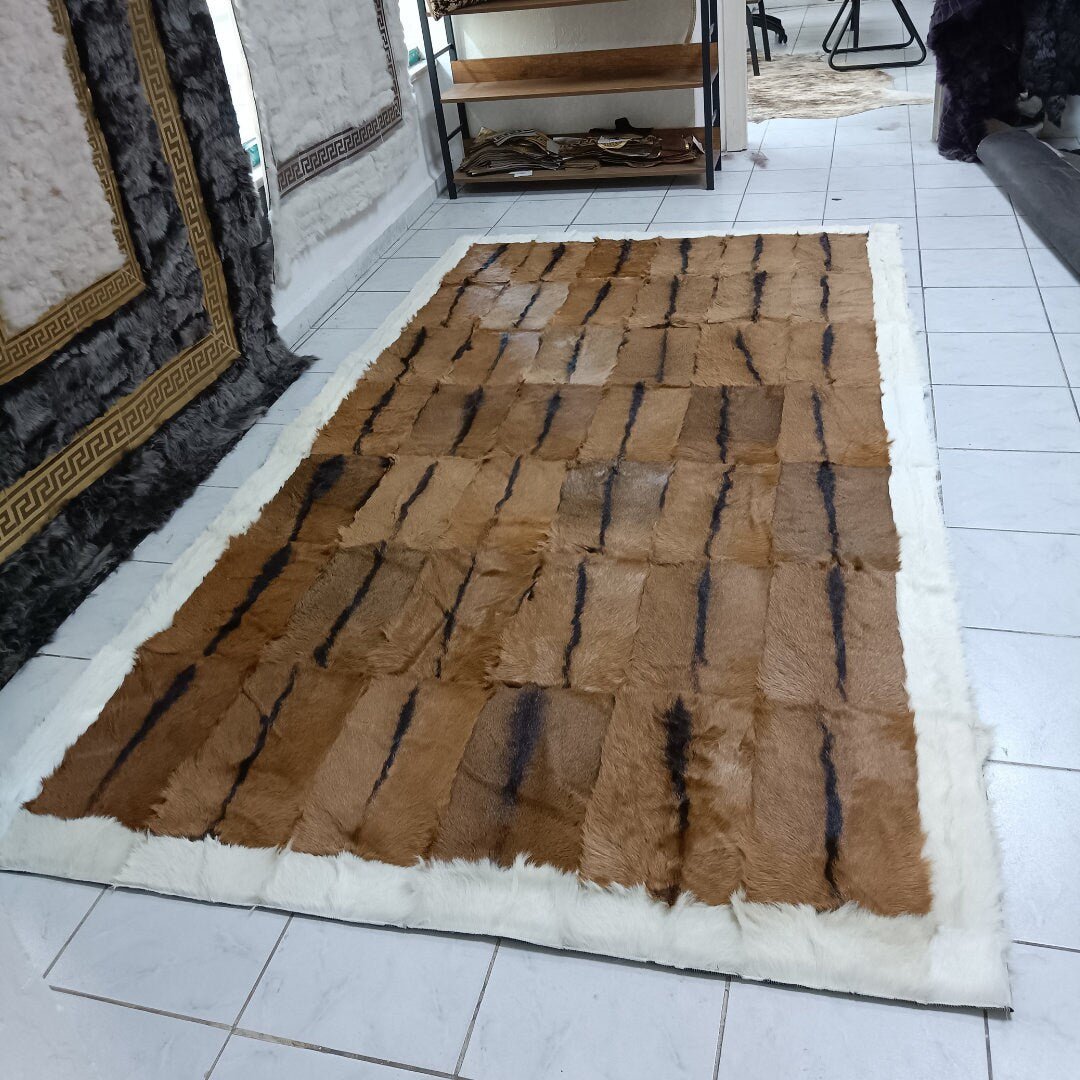 Handmade Patchwork Goatskin Rug: Genuine Fur Area Rug - BuzzLeatherCarpetHandmade Patchwork Goatskin Rug: Genuine Fur Area Rug