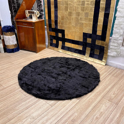Handmade Round Black Sheepskin Rug: Natural Leather Area Rug - BuzzLeatherCarpetHandmade Round Black Sheepskin Rug: Natural Leather Area Rug