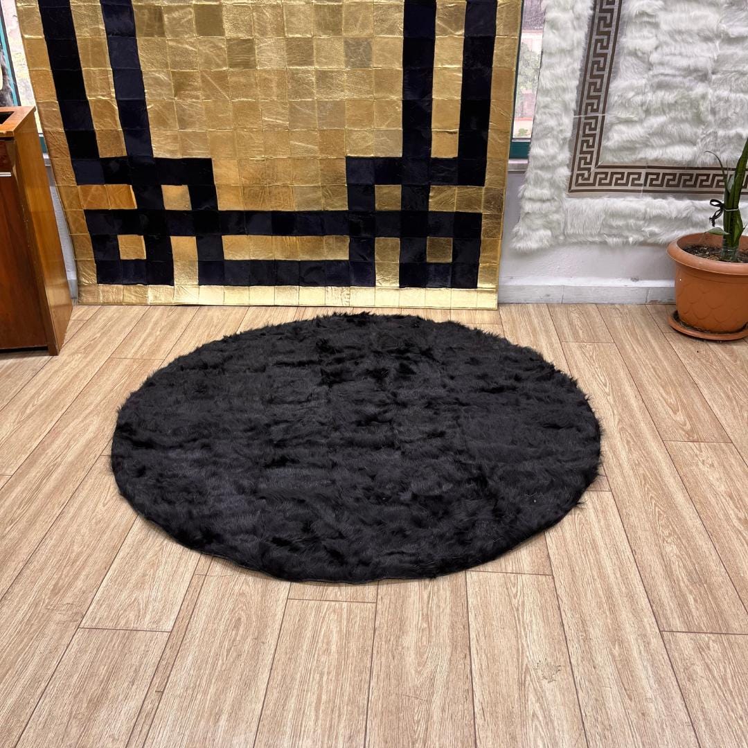 Handmade Round Black Sheepskin Rug: Natural Leather Area Rug - BuzzLeatherCarpetHandmade Round Black Sheepskin Rug: Natural Leather Area Rug