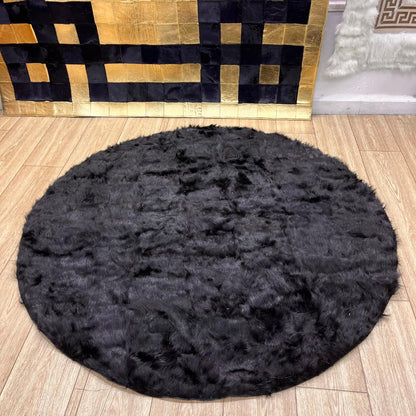 Handmade Round Black Sheepskin Rug: Natural Leather Area Rug - BuzzLeatherCarpetHandmade Round Black Sheepskin Rug: Natural Leather Area Rug