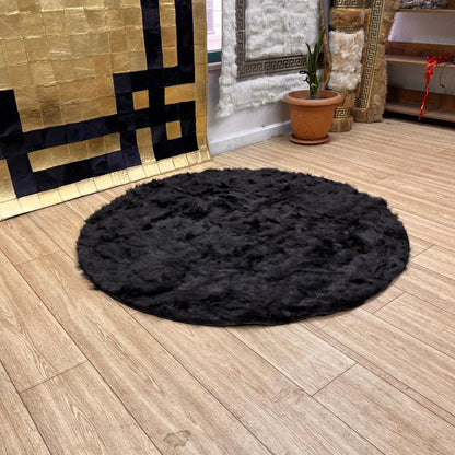 Handmade Round Black Sheepskin Rug: Natural Leather Area Rug - BuzzLeatherCarpetHandmade Round Black Sheepskin Rug: Natural Leather Area Rug