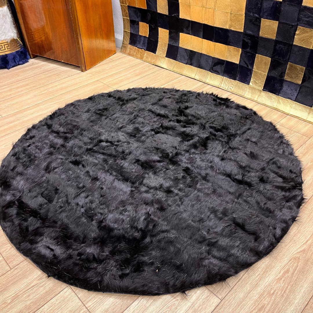 Handmade Round Black Sheepskin Rug: Natural Leather Area Rug - BuzzLeatherCarpetHandmade Round Black Sheepskin Rug: Natural Leather Area Rug