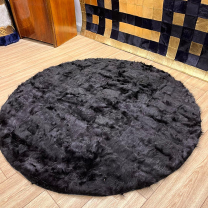 Handmade Round Black Sheepskin Rug: Natural Leather Area Rug - BuzzLeatherCarpetHandmade Round Black Sheepskin Rug: Natural Leather Area Rug