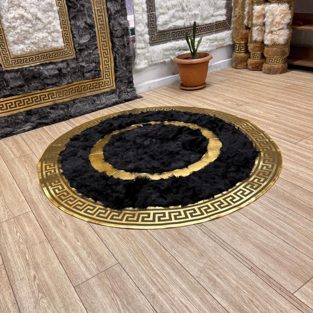 Handmade Round Black Sheepskin Rug: Natural Leather Area Rug - BuzzLeatherCarpetHandmade Round Black Sheepskin Rug: Natural Leather Area Rug