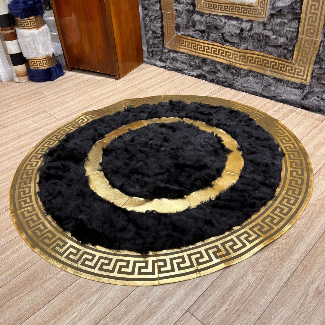 Handmade Round Black Sheepskin Rug: Natural Leather Area Rug - BuzzLeatherCarpetHandmade Round Black Sheepskin Rug: Natural Leather Area Rug
