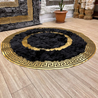 Handmade Round Black Sheepskin Rug: Natural Leather Area Rug - BuzzLeatherCarpetHandmade Round Black Sheepskin Rug: Natural Leather Area Rug