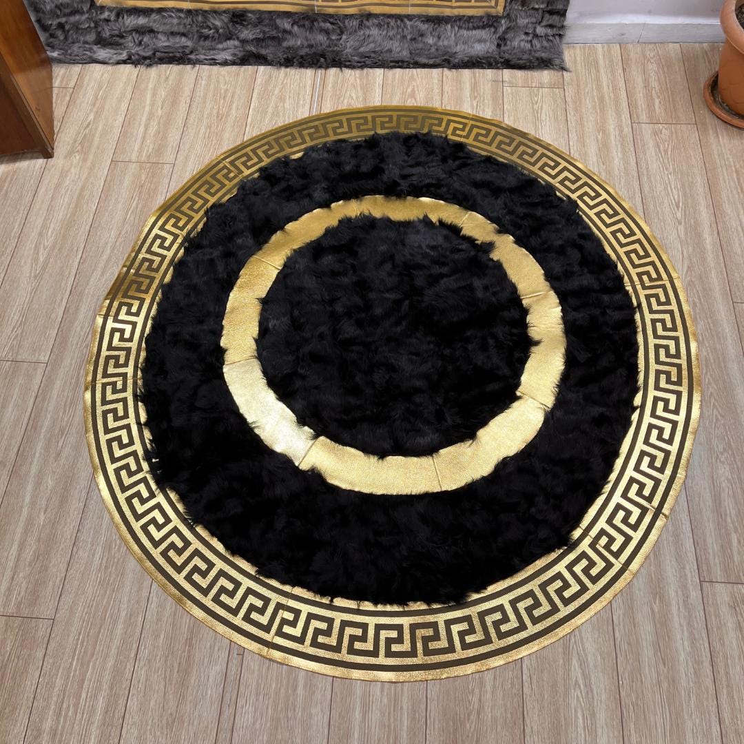 Handmade Round Black Sheepskin Rug: Natural Leather Area Rug - BuzzLeatherCarpetHandmade Round Black Sheepskin Rug: Natural Leather Area Rug