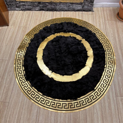 Handmade Round Black Sheepskin Rug: Natural Leather Area Rug - BuzzLeatherCarpetHandmade Round Black Sheepskin Rug: Natural Leather Area Rug