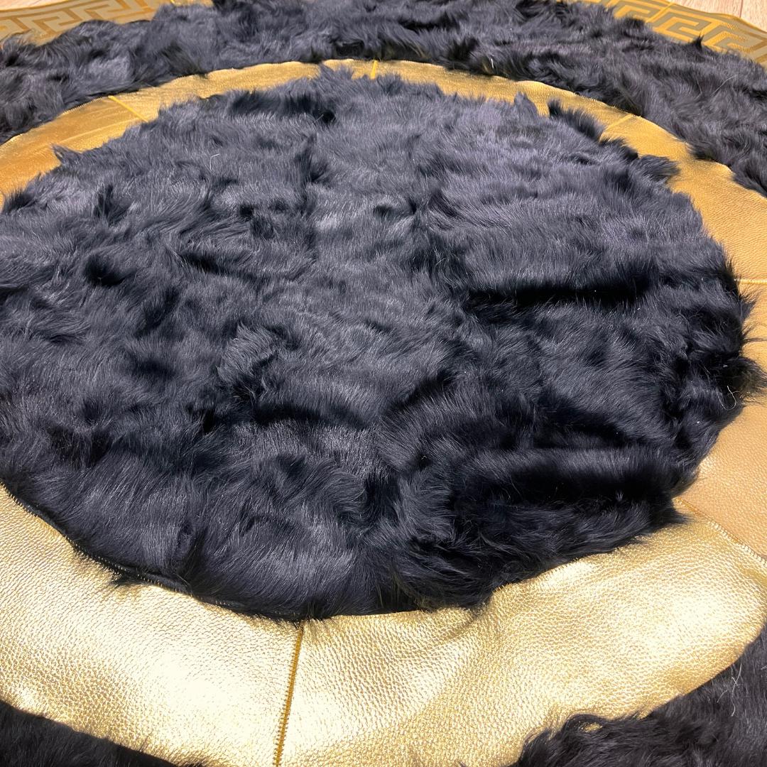 Handmade Round Black Sheepskin Rug: Natural Leather Area Rug - BuzzLeatherCarpetHandmade Round Black Sheepskin Rug: Natural Leather Area Rug