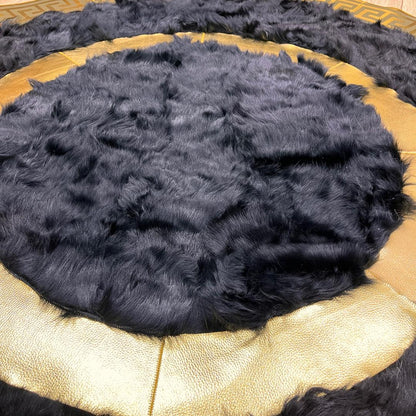 Handmade Round Black Sheepskin Rug: Natural Leather Area Rug - BuzzLeatherCarpetHandmade Round Black Sheepskin Rug: Natural Leather Area Rug