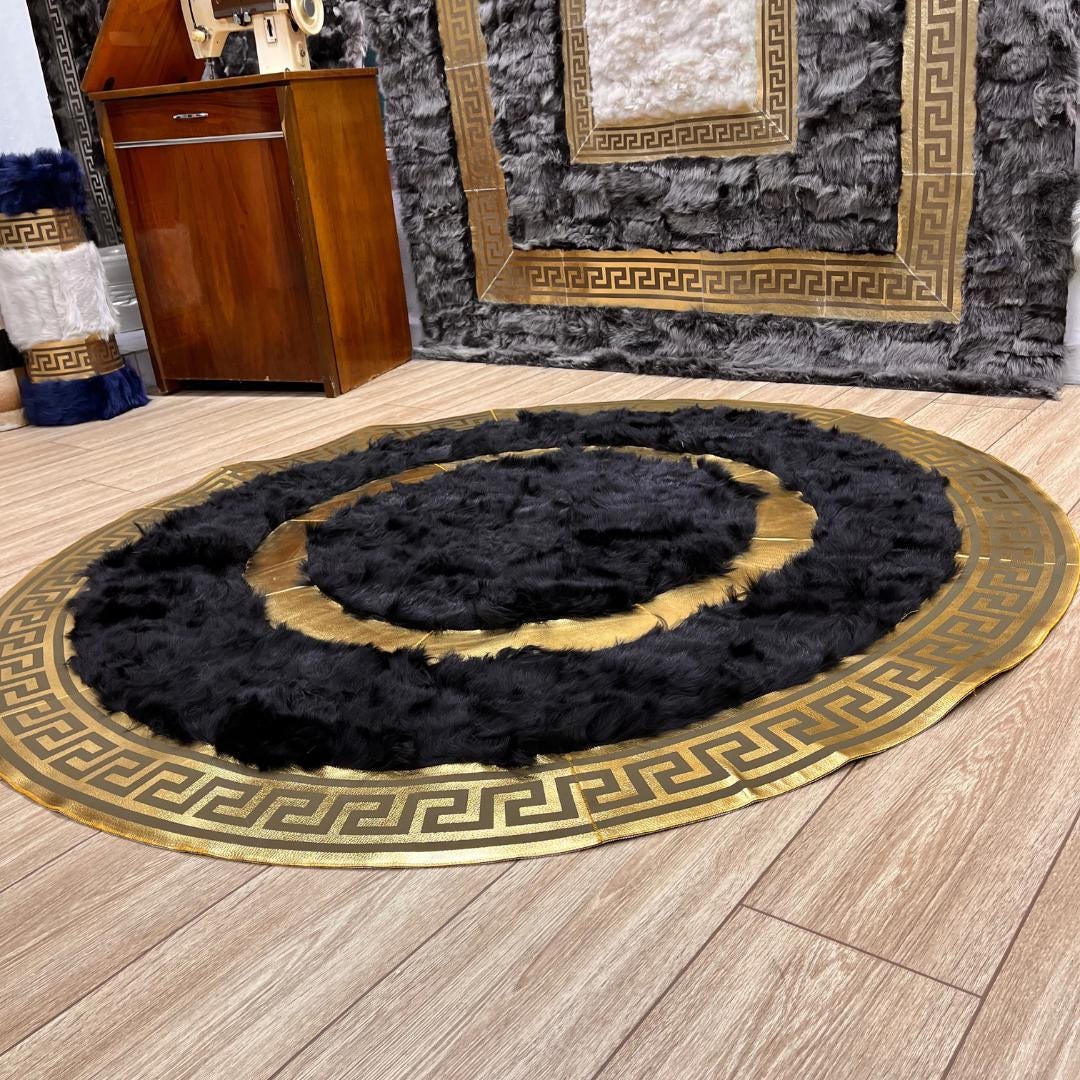Handmade Round Black Sheepskin Rug: Natural Leather Area Rug - BuzzLeatherCarpetHandmade Round Black Sheepskin Rug: Natural Leather Area Rug