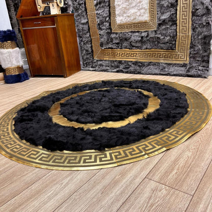 Handmade Round Black Sheepskin Rug: Natural Leather Area Rug - BuzzLeatherCarpetHandmade Round Black Sheepskin Rug: Natural Leather Area Rug