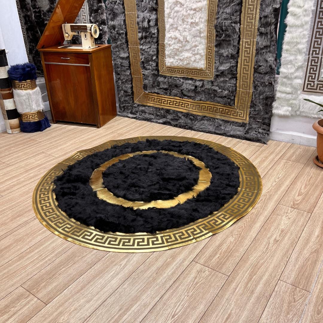 Handmade Round Black Sheepskin Rug: Natural Leather Area Rug - BuzzLeatherCarpetHandmade Round Black Sheepskin Rug: Natural Leather Area Rug