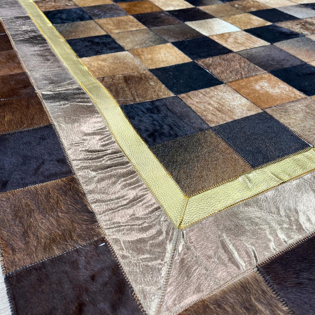 Handmade Tricolor Cowhide Rug: Leather Patchwork Area Rug - BuzzLeatherCarpetHandmade Tricolor Cowhide Rug: Leather Patchwork Area Rug