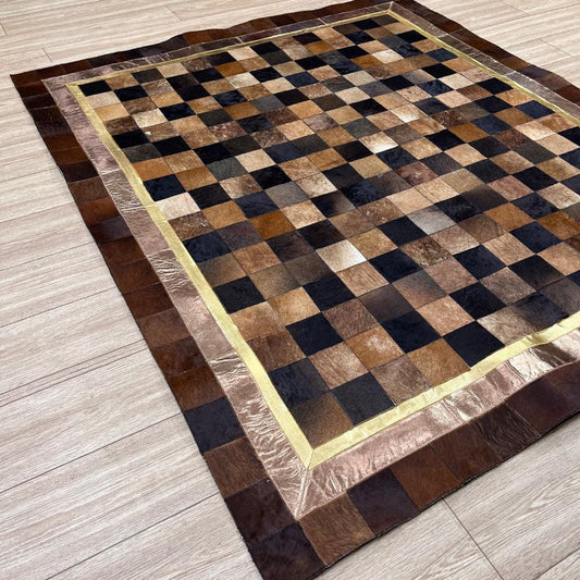 Handmade Tricolor Cowhide Rug: Leather Patchwork Area Rug - BuzzLeatherCarpetHandmade Tricolor Cowhide Rug: Leather Patchwork Area Rug