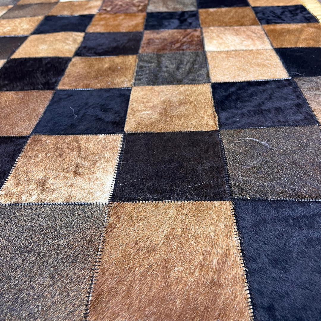 Handmade Tricolor Cowhide Rug: Leather Patchwork Area Rug - BuzzLeatherCarpetHandmade Tricolor Cowhide Rug: Leather Patchwork Area Rug