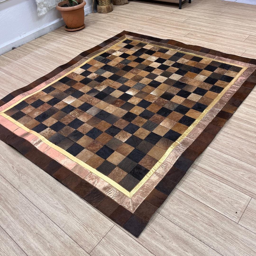 Handmade Tricolor Cowhide Rug: Leather Patchwork Area Rug - BuzzLeatherCarpetHandmade Tricolor Cowhide Rug: Leather Patchwork Area Rug