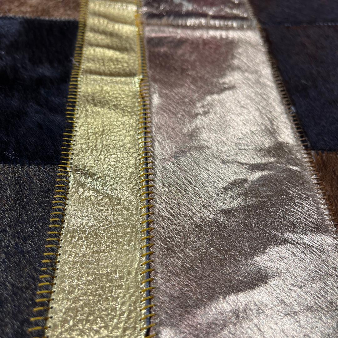 Handmade Tricolor Cowhide Rug: Leather Patchwork Area Rug - BuzzLeatherCarpetHandmade Tricolor Cowhide Rug: Leather Patchwork Area Rug