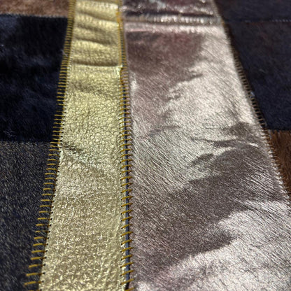 Handmade Tricolor Cowhide Rug: Leather Patchwork Area Rug - BuzzLeatherCarpetHandmade Tricolor Cowhide Rug: Leather Patchwork Area Rug