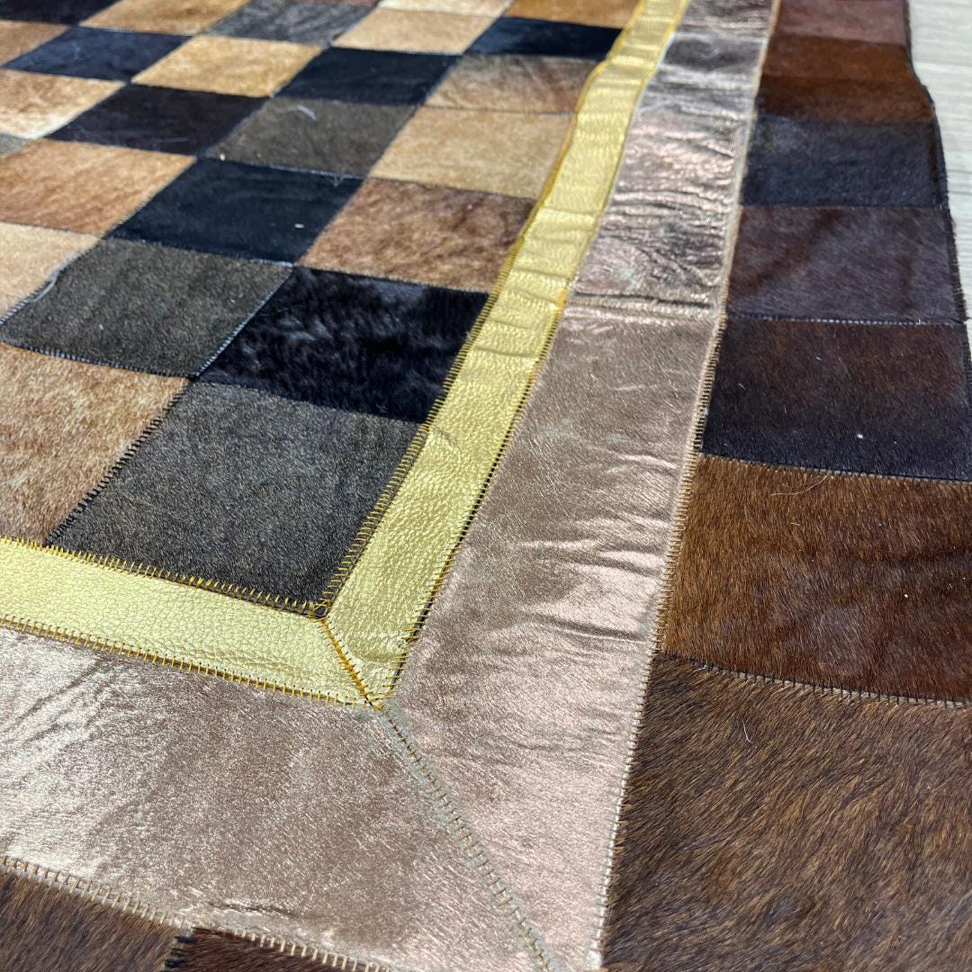 Handmade Tricolor Cowhide Rug: Leather Patchwork Area Rug - BuzzLeatherCarpetHandmade Tricolor Cowhide Rug: Leather Patchwork Area Rug