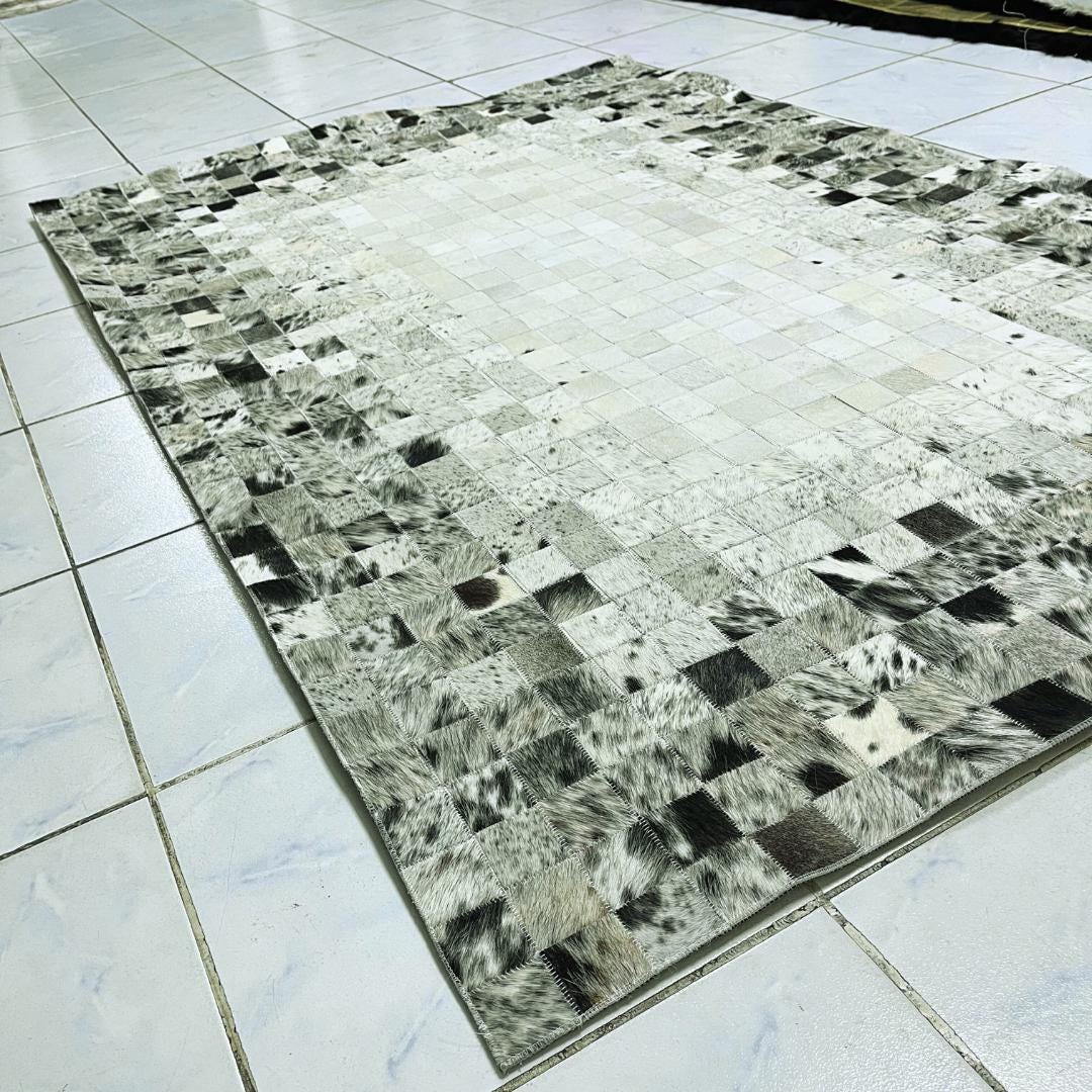 Handmade Tricolor Cowhide Rug: Luxury Patchwork Area Rug - BuzzLeatherCarpetHandmade Tricolor Cowhide Rug: Luxury Patchwork Area Rug