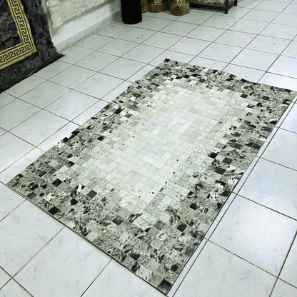 Handmade Tricolor Cowhide Rug: Luxury Patchwork Area Rug - BuzzLeatherCarpetHandmade Tricolor Cowhide Rug: Luxury Patchwork Area Rug