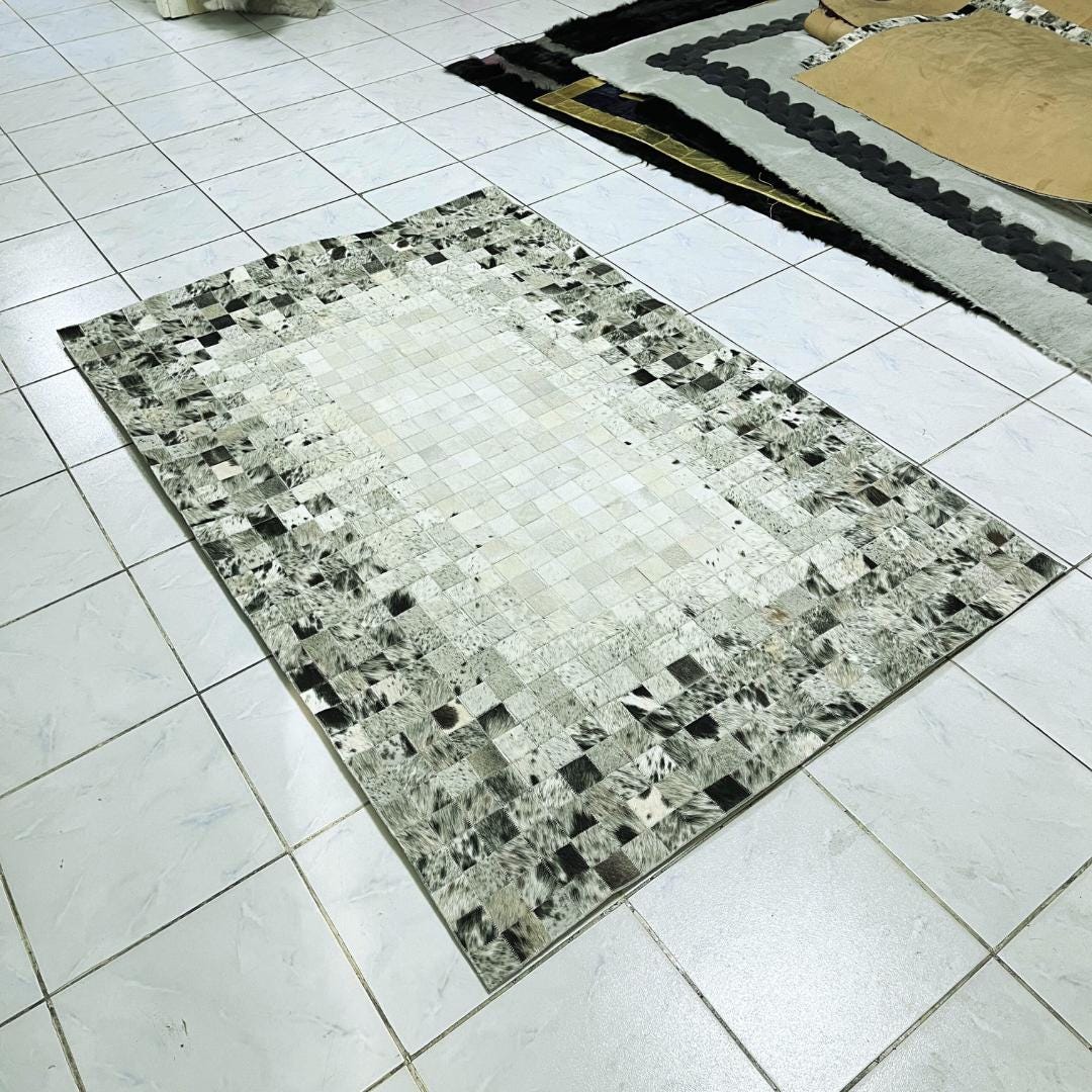 Handmade Tricolor Cowhide Rug: Luxury Patchwork Area Rug - BuzzLeatherCarpetHandmade Tricolor Cowhide Rug: Luxury Patchwork Area Rug